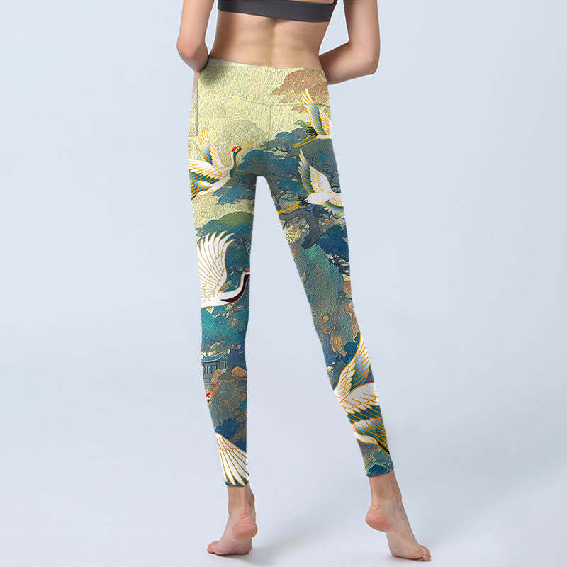 Blue Red-crowned Crane Pine Tree Print Gym Leggings Women's Yoga Pants