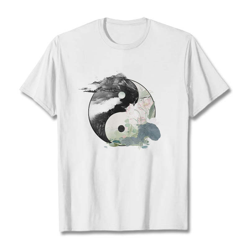 Yin Yang Lotus Leaf Ink Painting Cotton Tee T-shirt