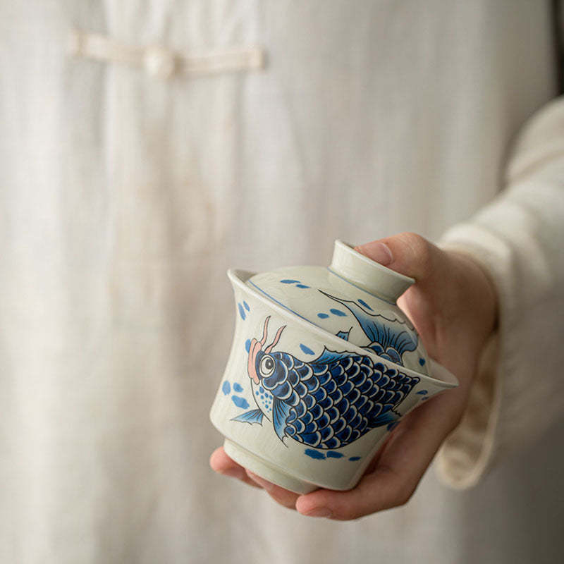Koi Fish Arowana Ceramic Gaiwan Sancai Teacup Kung Fu Tea Cup With Lid 130ml