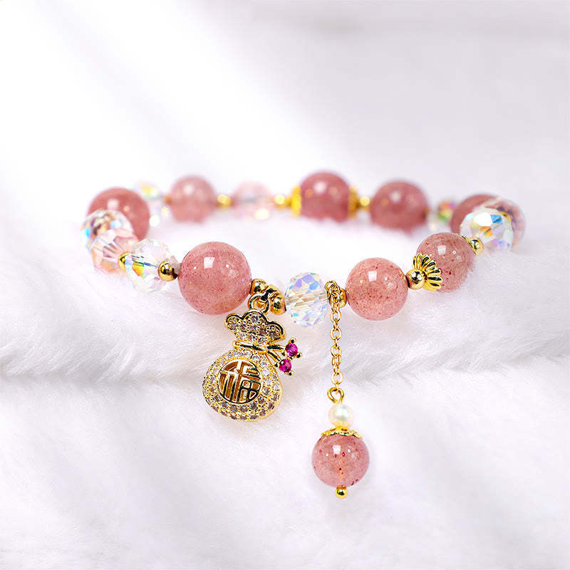 Love Healing Natural Strawberry Quartz Money Bag Charm Positive Bracelet