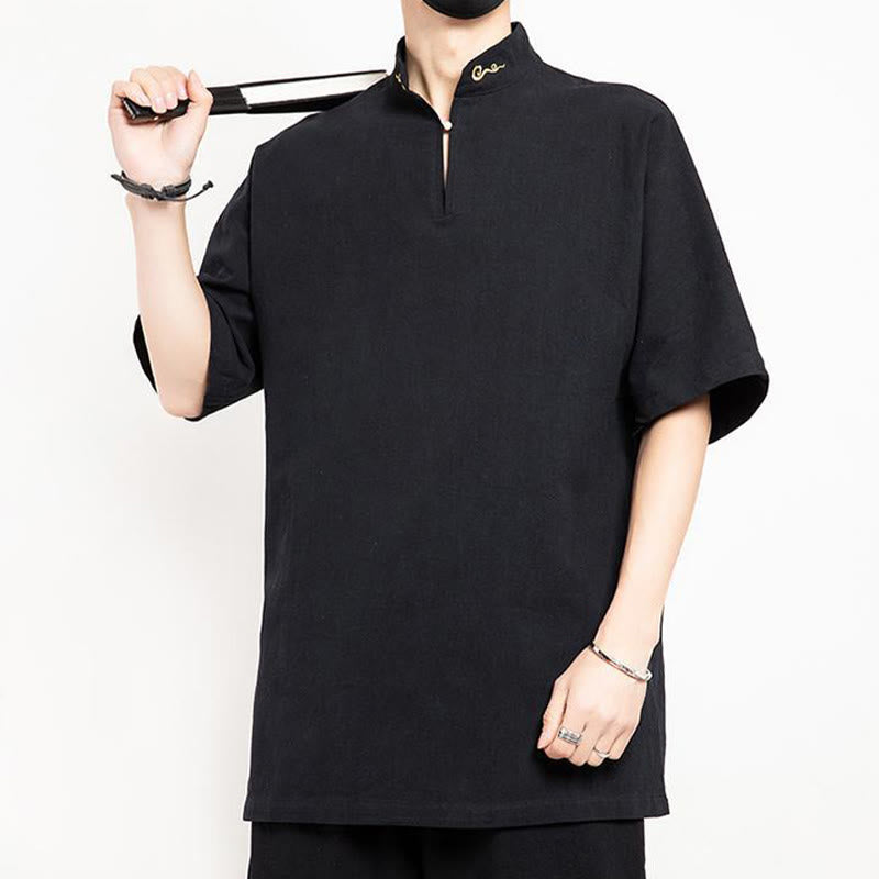 Chinese Tang Suit Embroidery Half Sleeve Shirt Linen Men Clothing