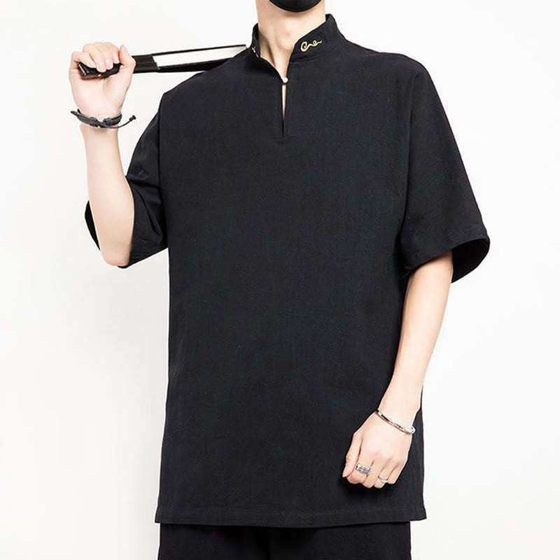 Chinese Tang Suit Embroidery Half Sleeve Shirt Linen Men Clothing