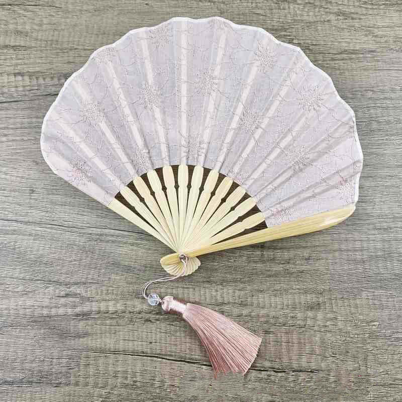 Retro Large Flower Embroidery Shell Shape Tassels Handheld Bamboo Folding Fan