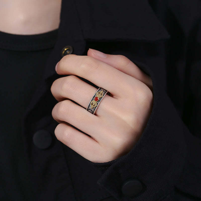 Tibetan Om Mani Padme Hum Red Agate Dorje Vajra Design Wisdom Ring