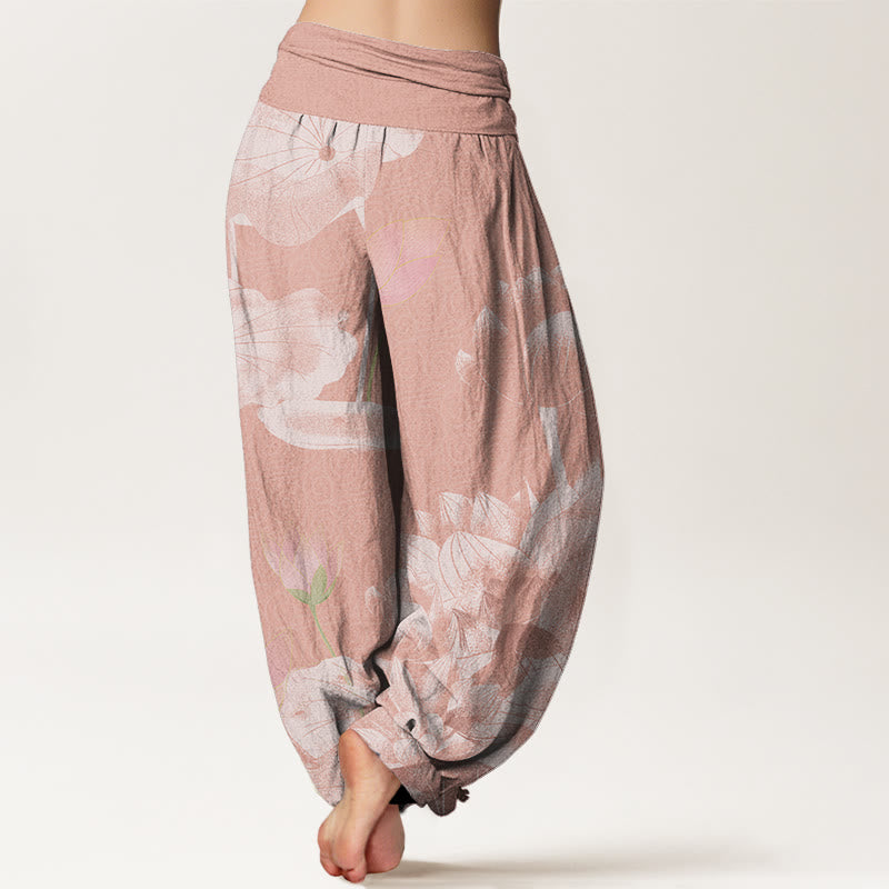 Pink And White Lotus Women's Elastic Waist Harem Pants