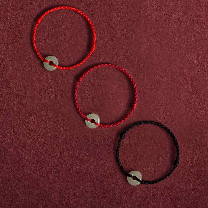 Natural Hetian Jade Peace Buckle Protection Luck Braided Bracelet Anklet