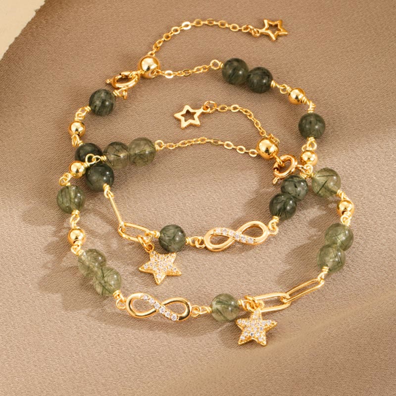 14K Gold Green Rutilated Quartz M?bius Loop Eternal Love Star Protection Bracelet