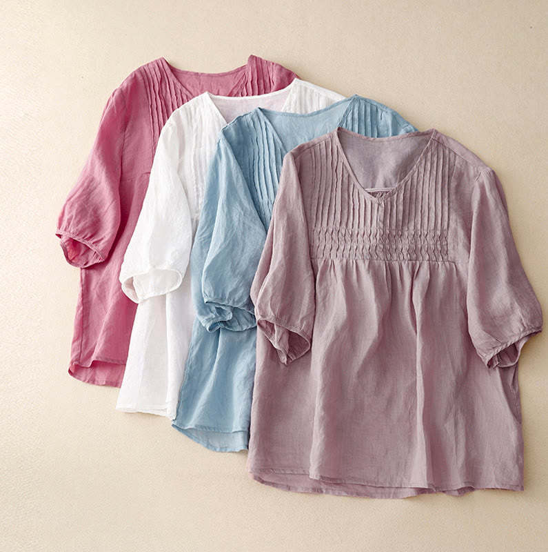 Casual Plain Loose Women's V-Neck Design Half Sleeve Cotton Linen Shirt
