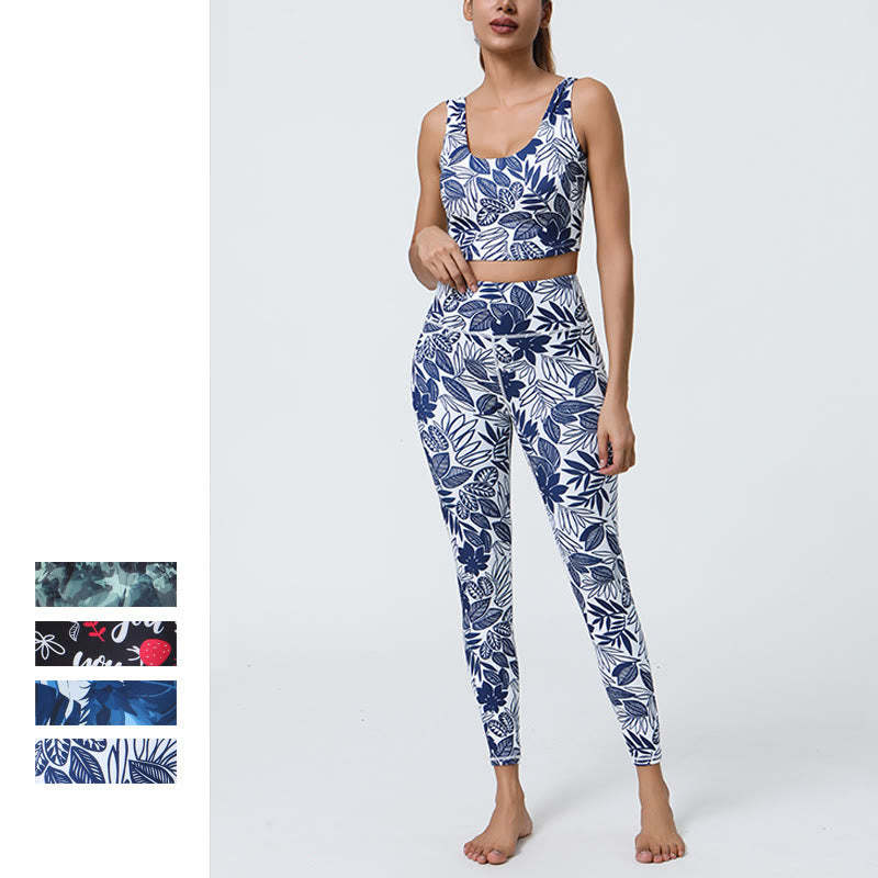 2Pcs Pineapple Grass Leaves Print Sports Fitness Crop Tank Bra High Waist Leggings Yoga Pants
