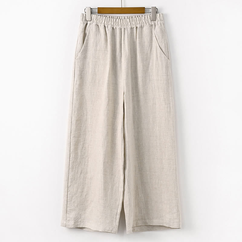 Casual Plain Solid Color Elastic Linen Women's Pants With Pockets