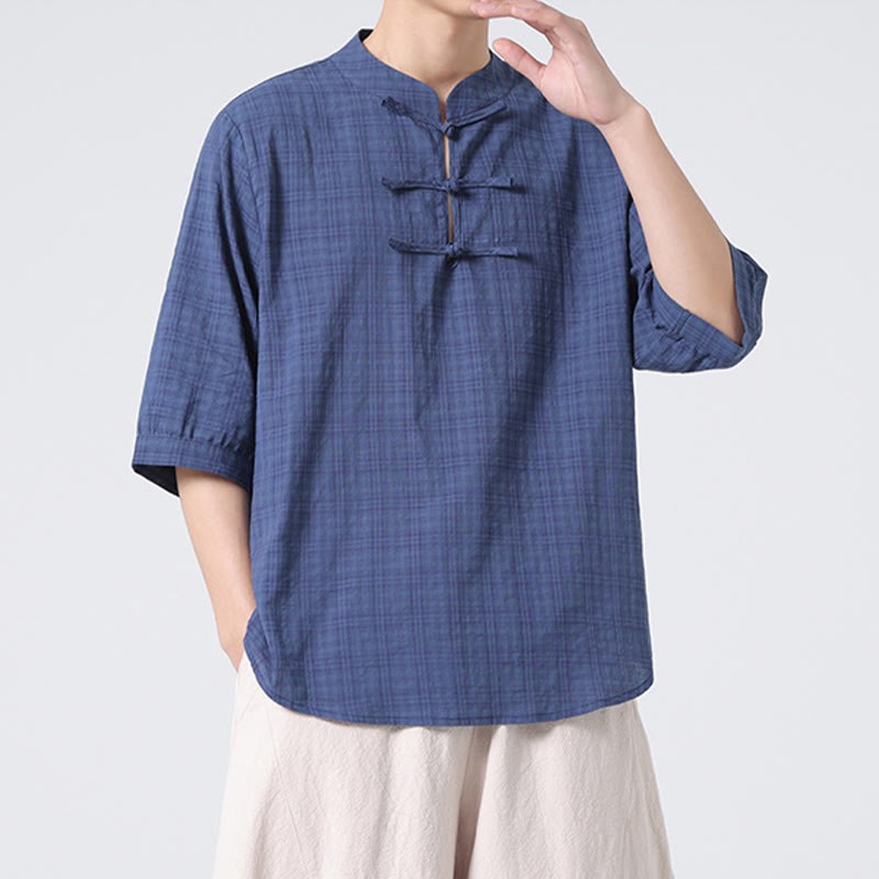 Frog-Button Plaid Pattern Chinese Tang Suit Half Sleeve Shirt Cotton Linen Men Clothing