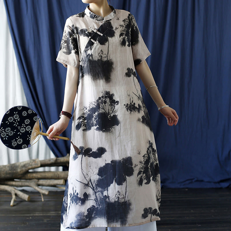 Ramie Linen Ink Lotus Leaf Cheongsam Dresses Short Sleeve Dress