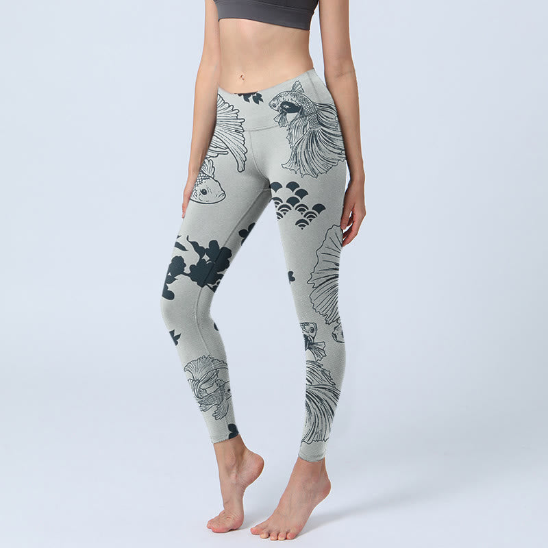 Gray Koi Fish Floral Waves Print Gym Leggings Women's Yoga Pants