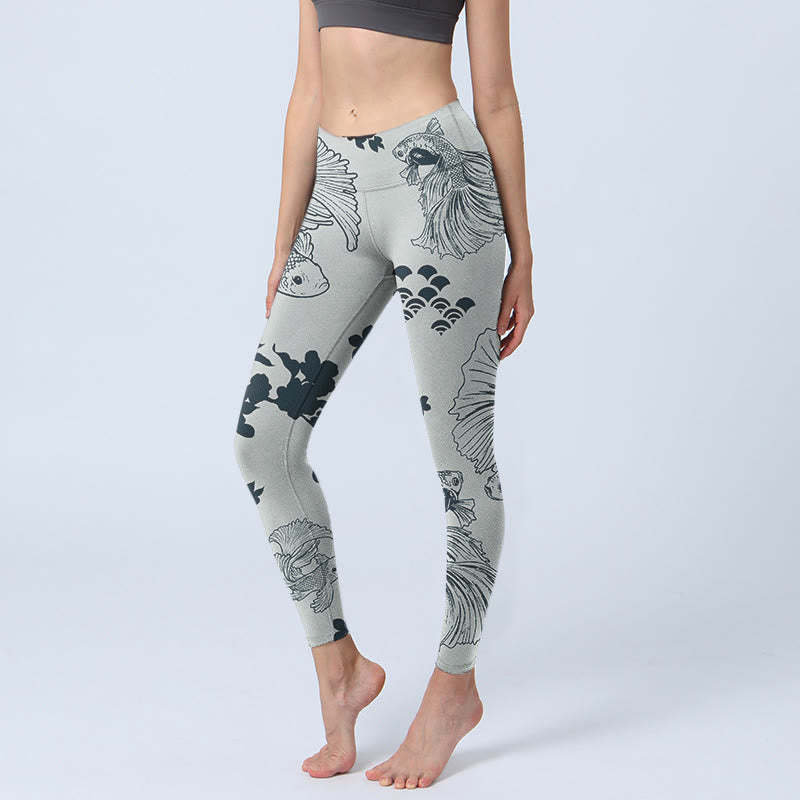 Gray Koi Fish Floral Waves Print Gym Leggings Women's Yoga Pants