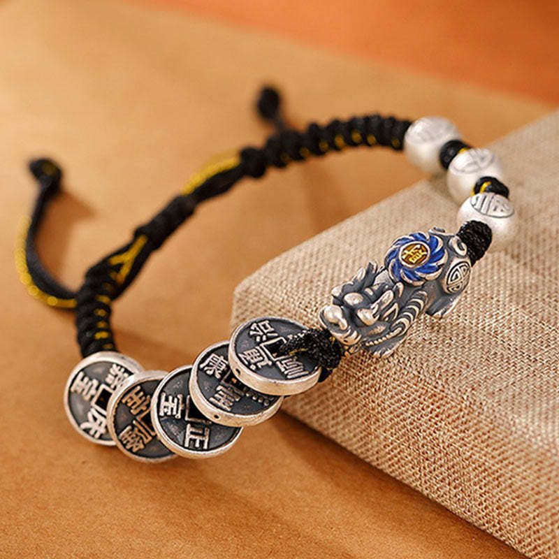 999 Sterling Silver FengShui PiXiu Copper Coin Fu Character Wealth Braided Bracelet
