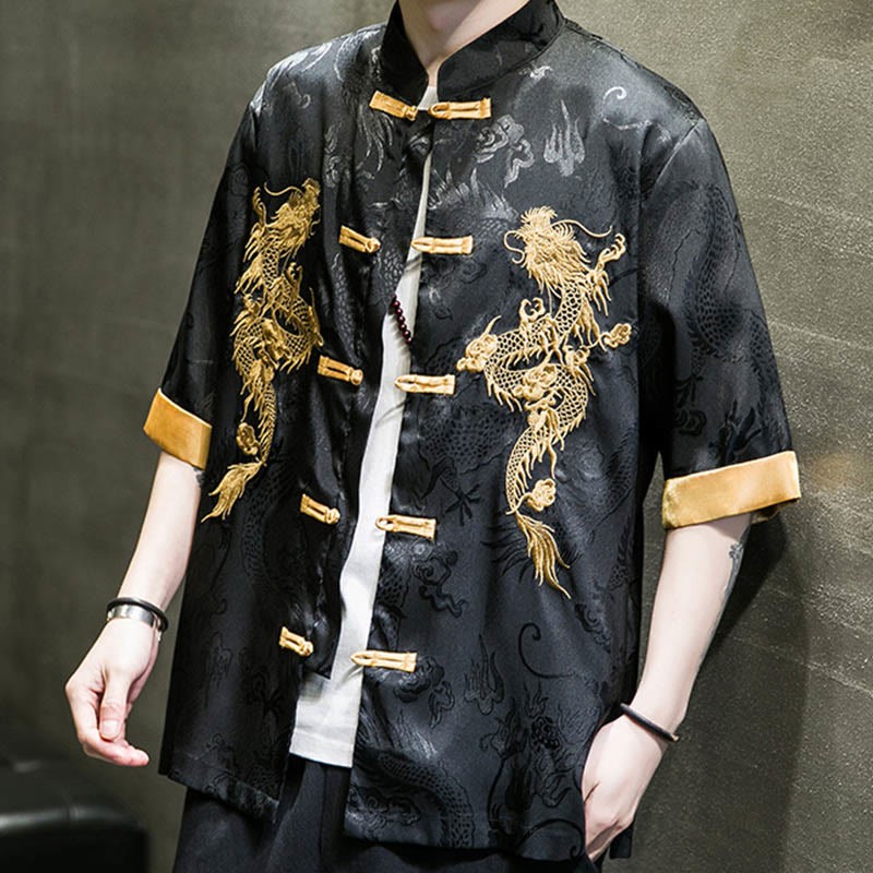 Frog-Button Chinese Dragon Embroidery Half Sleeve Shirt Linen Men Clothing