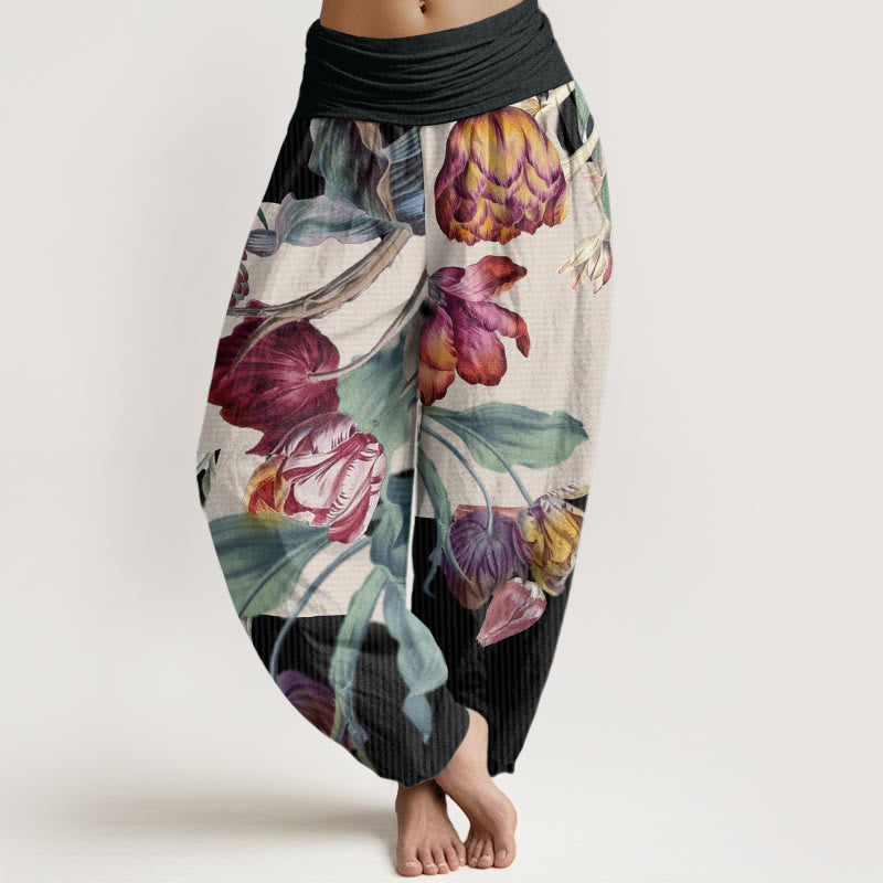 Tulips Green Leaves Design Women's Elastic Waist Harem Pants