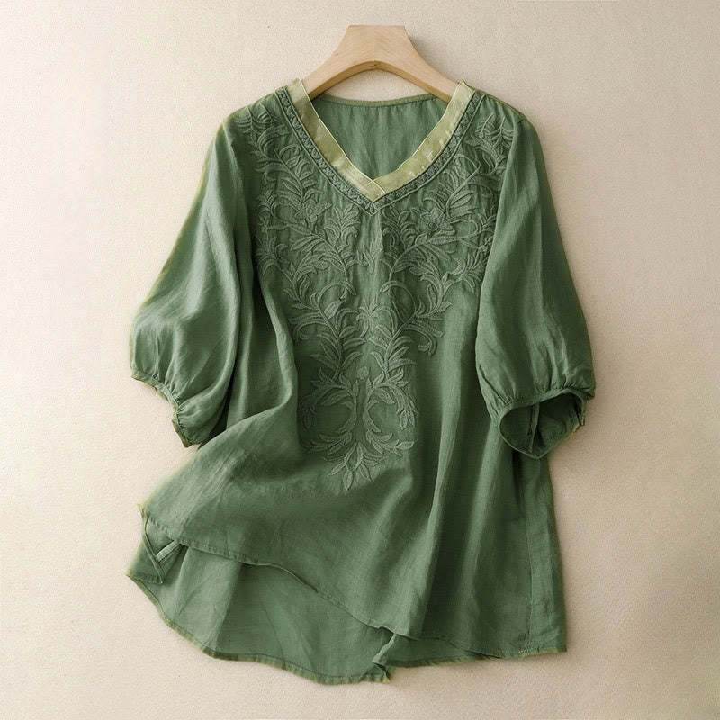 Vintage Casual Pure Leaf Embroidery V-Neck Half Sleeve Cotton Linen Women's T-Shirt