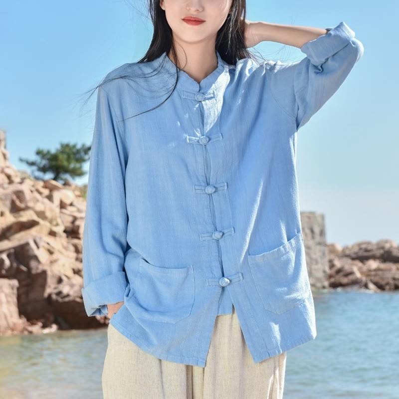 Solid Color Frog-button Long Sleeve Cotton Linen Women's Shirts With Pockets