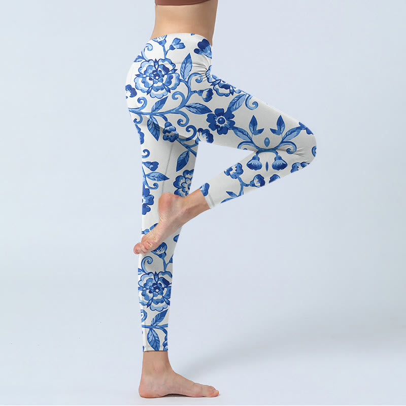 Blue Flowers Leaves Branches Print Gym Leggings Women's Yoga Pants