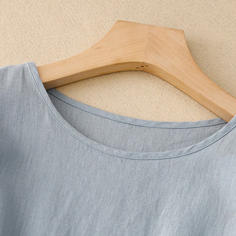 Casual Plain Crew Neck Lace-up Half Sleeve Cotton Linen Midi Dress With Pockets