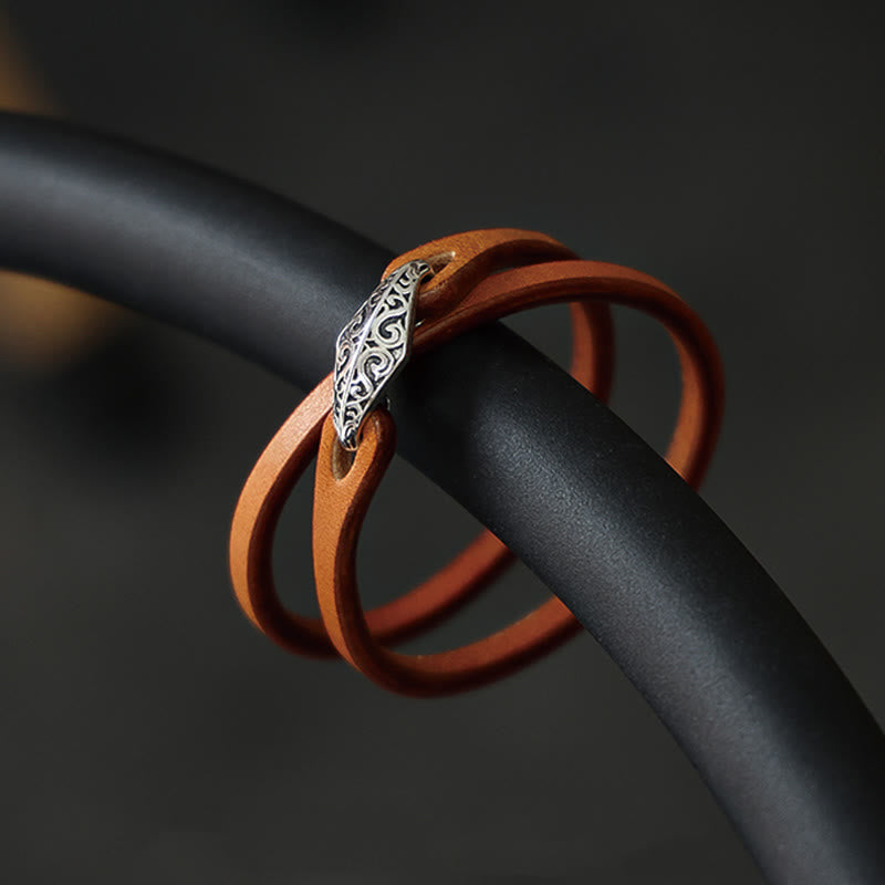 925 Sterling Silver Leather Multi-turn Protection Bracelet