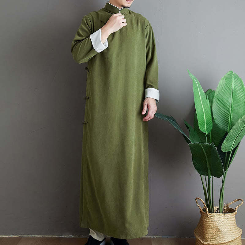 Fall Solid Color Chinese Frog-Button Cotton Men's Tang Suit Robe