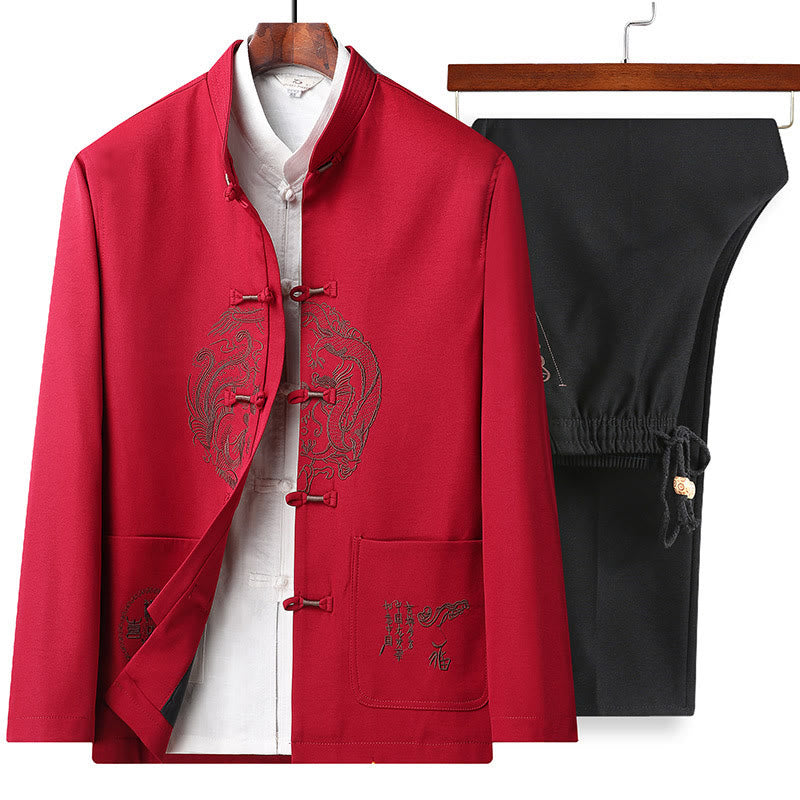 Chinese New Year Embroidered Tang Suit Hanfu Traditional Uniform Long Sleeve Top Pants Clothing Men's Set