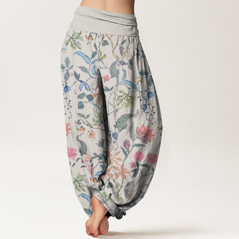 Floral Leaf Vine Design Women's Elastic Waist Harem Pants