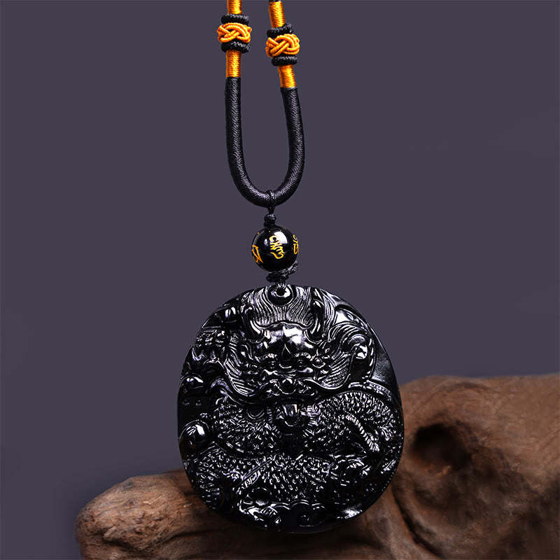 Natural Black Obsidian Round Dragon Carved Protection Necklace Pendant