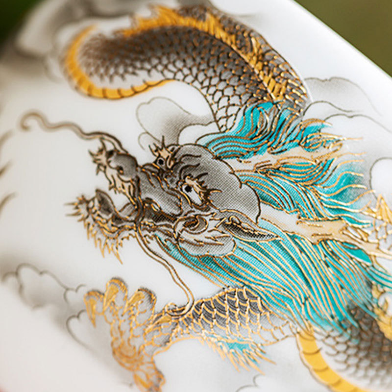 Dragon Phoenix Auspicious Clouds Ceramic Teacup Kung Fu Tea Cup With Gift Box