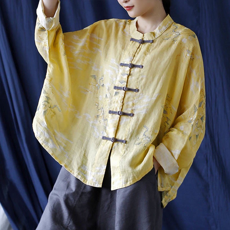 Yellow Phoenix Print Frog-button Design Long Sleeve Ramie Linen Jacket Shirt