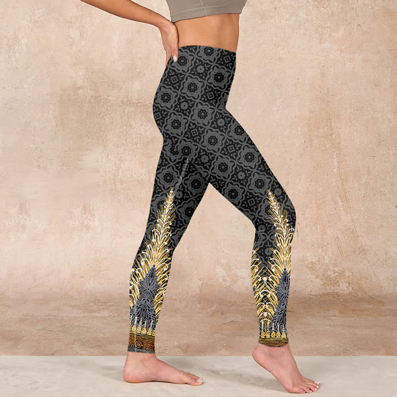 Dark Gray Geometric Gold Feather Print Gym Leggings Women's Yoga Pants