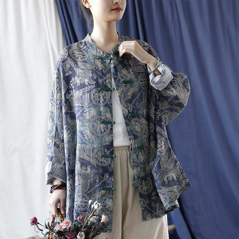 Birds Flowers Geometry Frog-Button Long Sleeve Ramie Linen Jacket Shirt
