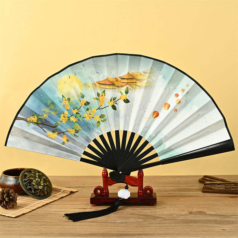 Vintage Phoenix Nine-Tailed Fox Flower Bamboo Tiger Handheld Folding Fan Lotus Tassel Fan