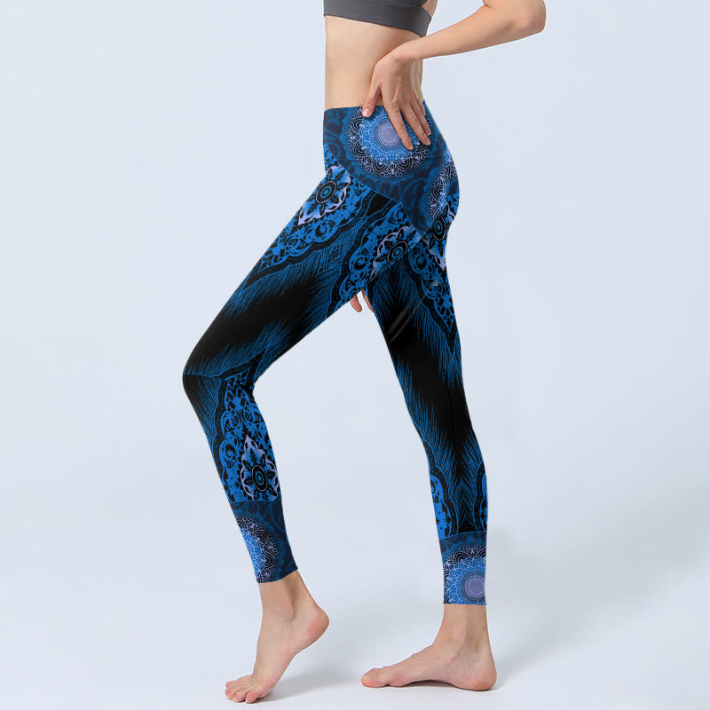 Blue Mandala Feathers Print Gym Leggings Women's Yoga Pants