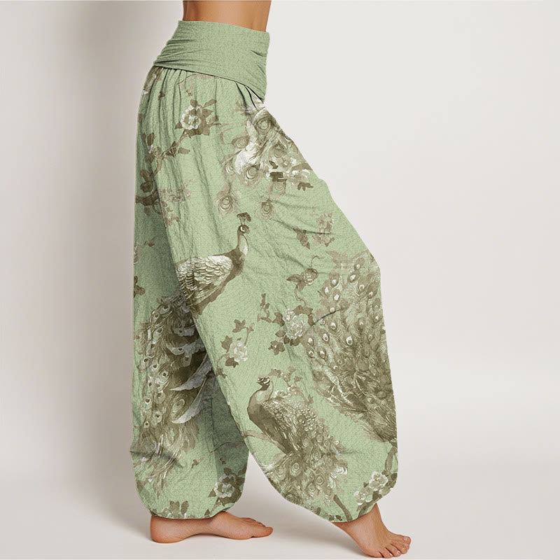 Casual Peacock Perched On Branch Petals Women's Elastic Waist Harem Pants