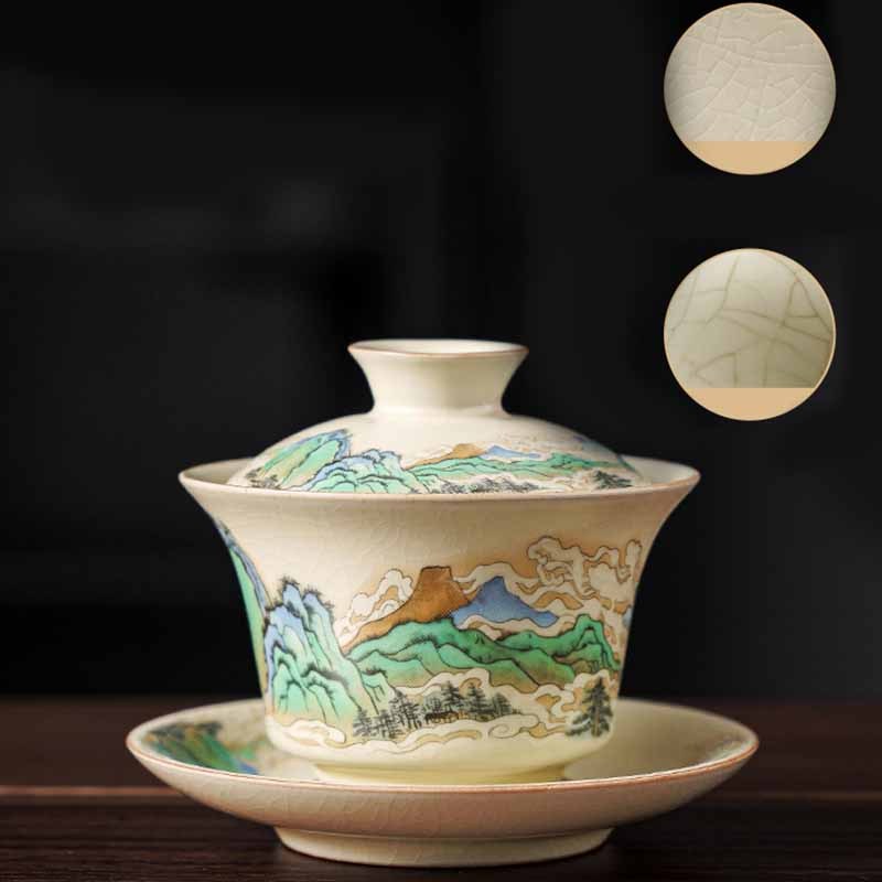 A Panorama of Rivers and Mountains Flowers Ceramic Gaiwan Sancai Teacup Kung Fu Tea Cup And Saucer With Lid