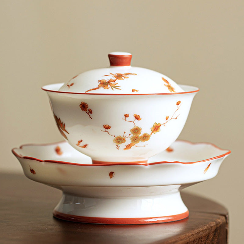 White Porcelain Flowers Ceramic Gaiwan Sancai Teacup Kung Fu Tea Cup And Saucer With Lid