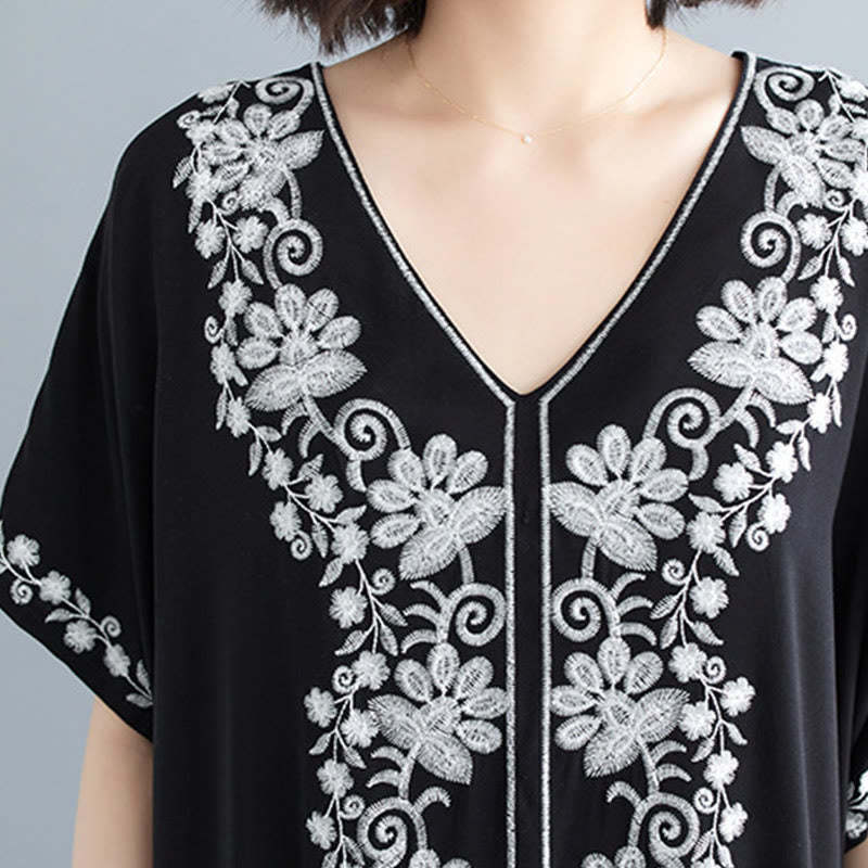 Summer Embroidery Flower V-Neck Short Sleeve Maxi Dress