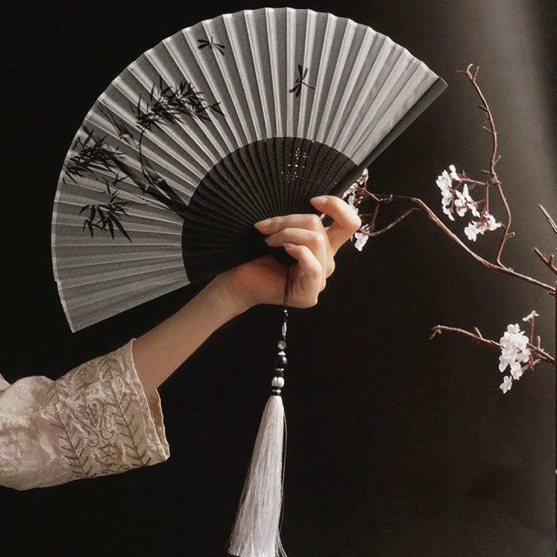 Ink Bamboo Polyester Handheld Bamboo Folding Fan