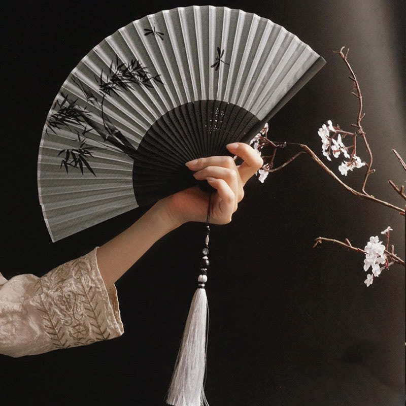 Ink Bamboo Polyester Handheld Bamboo Folding Fan