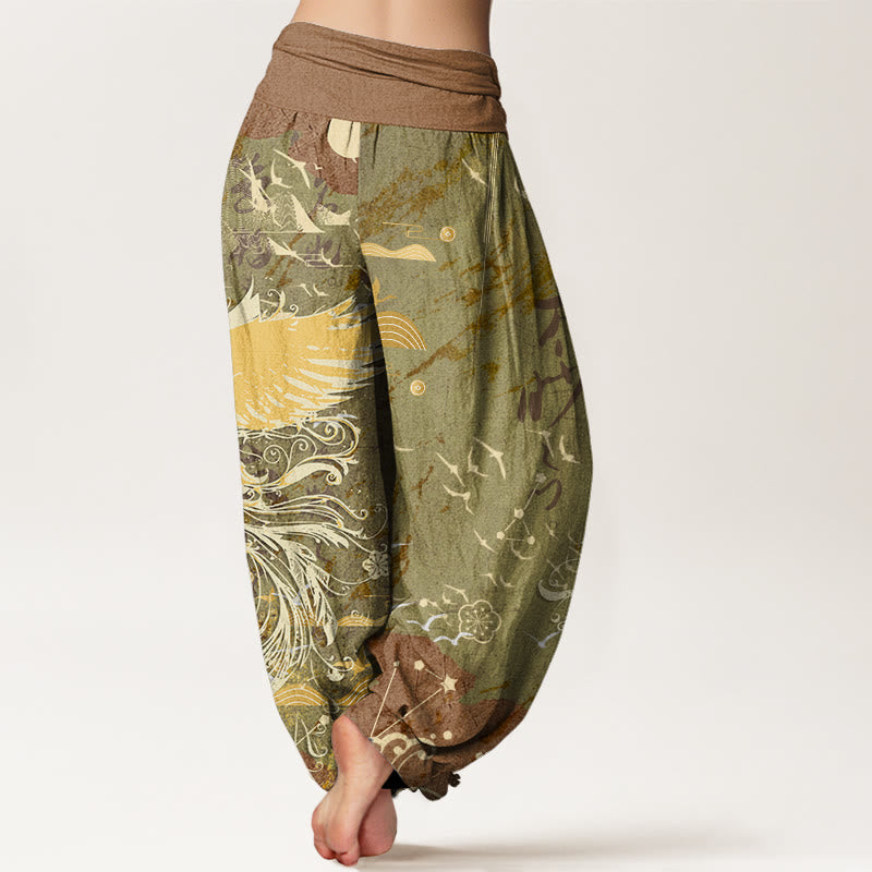 Casual Phoenix Waves Calligraphy Pattern Women's Elastic Waist Harem Pants
