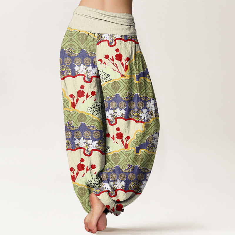 Chinese Fan-shaped Diamond Pattern Design Women's Elastic Waist Harem Pants