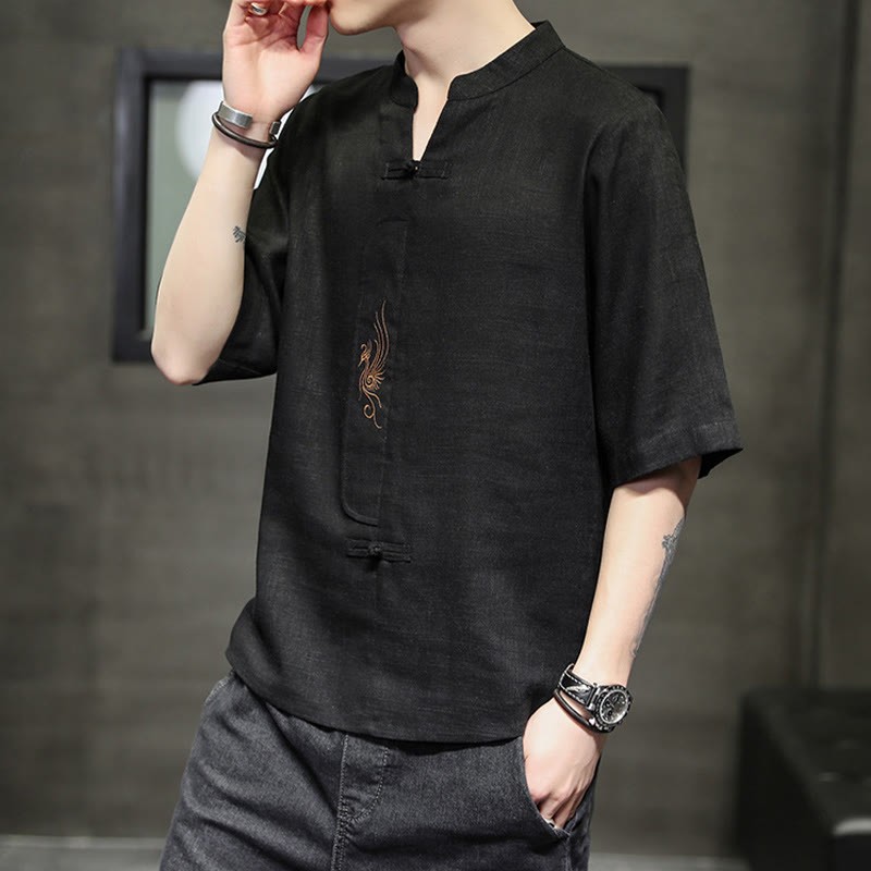 Frog-Button Phoenix Embroidery Chinese Tang Suit Short Sleeve Shirt Cotton Linen Men Clothing