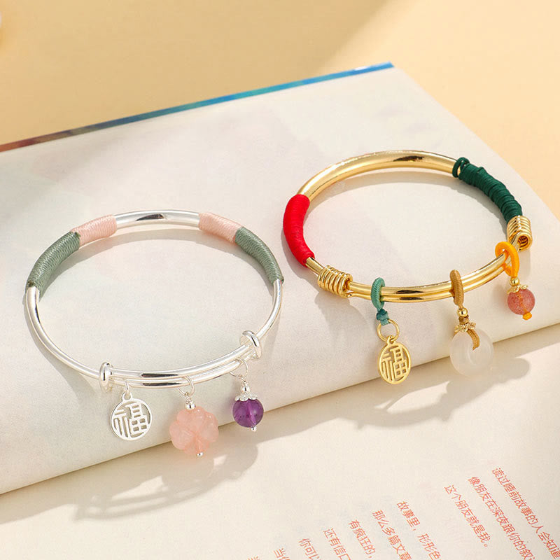 Pink Crystal Peace Buckle Lucky Flower Love Bracelet Bangle
