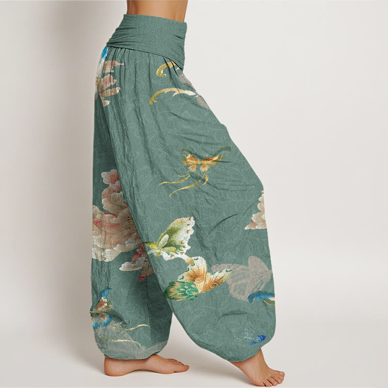 Chrysanthemums Butterflies Pattern Women's Elastic Waist Harem Pants