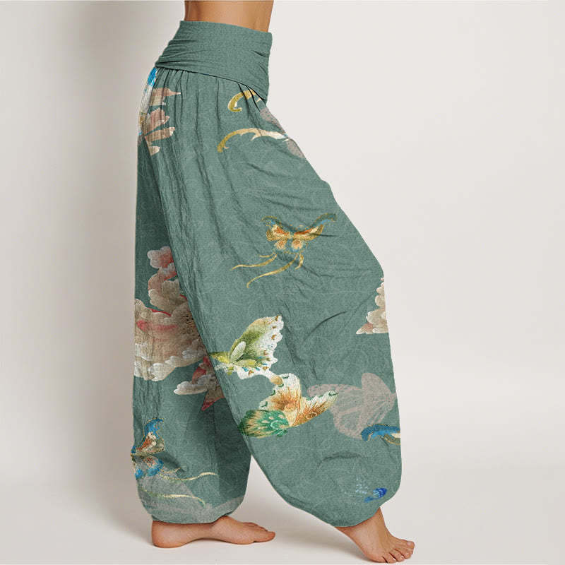 Chrysanthemums Butterflies Pattern Women's Elastic Waist Harem Pants