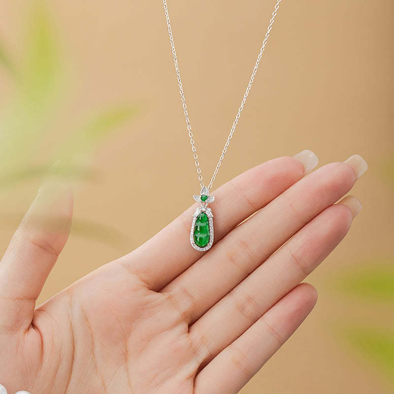 925 Sterling Silver Cyan Jade Pea Design Luck Healing Necklace Pendant