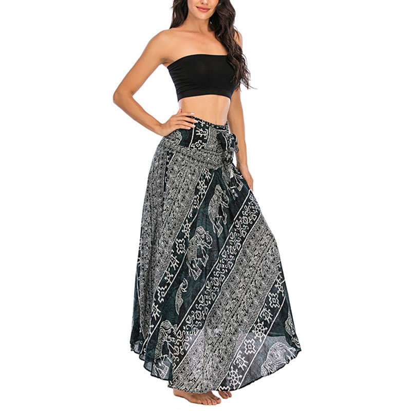 Two Style Wear Boho Elephant Geometry Lace-up Skirt Dress